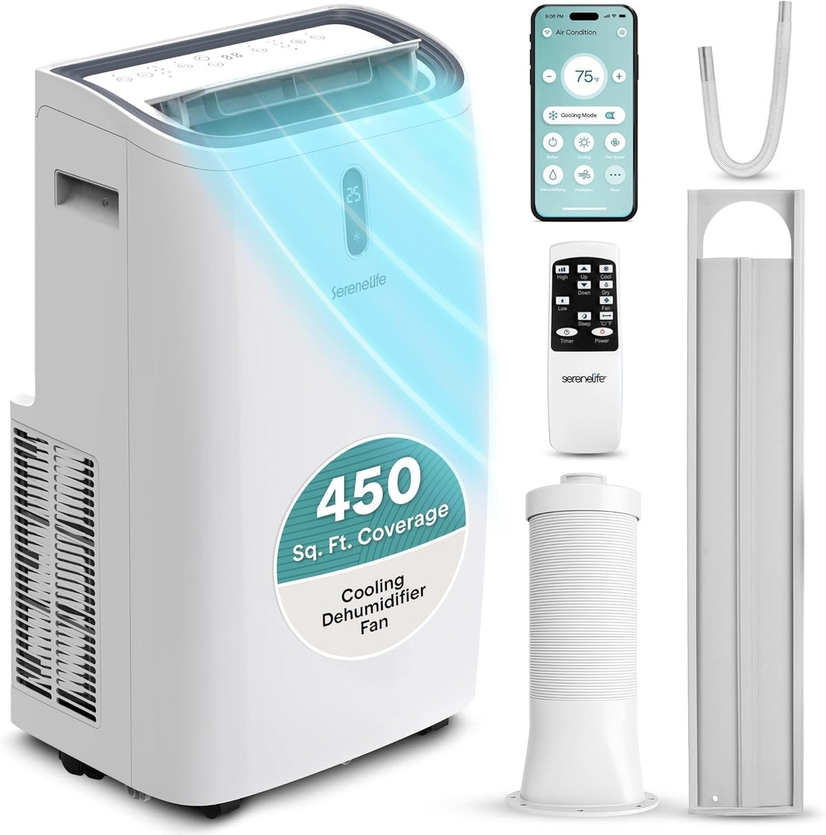 12,000 BTU WiFi Smart Portable Air Conditioner – Cooling, Fan & Dehumidifier, 24hr Timer, Remote, Window Kit