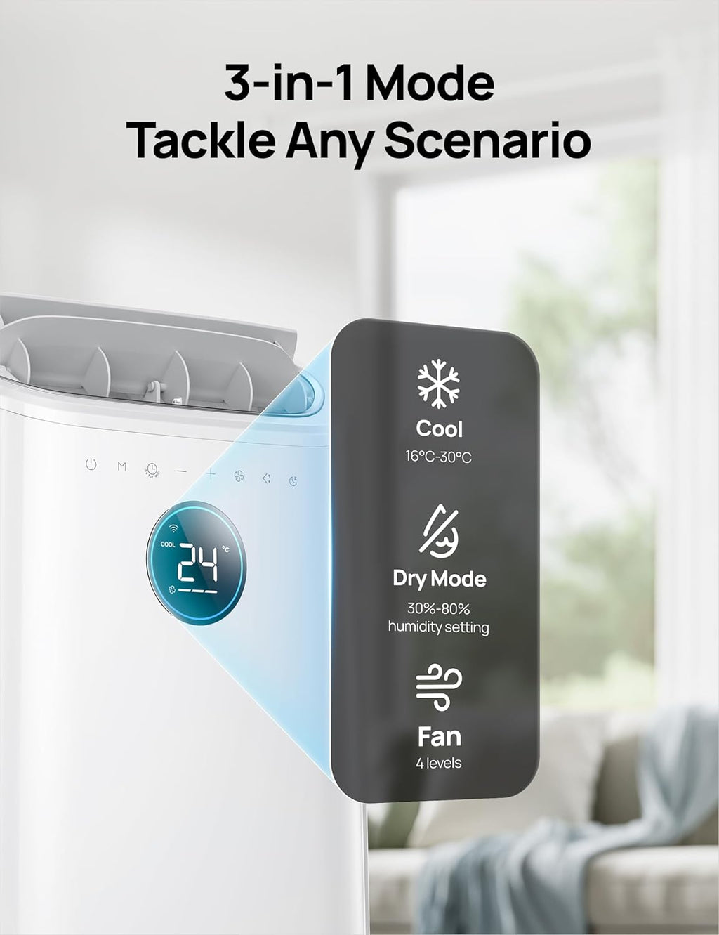 12,000 BTU Portable Air Conditioner with Smart App & Voice Control – 3-in-1 Cooling, Fan & Dehumidifier