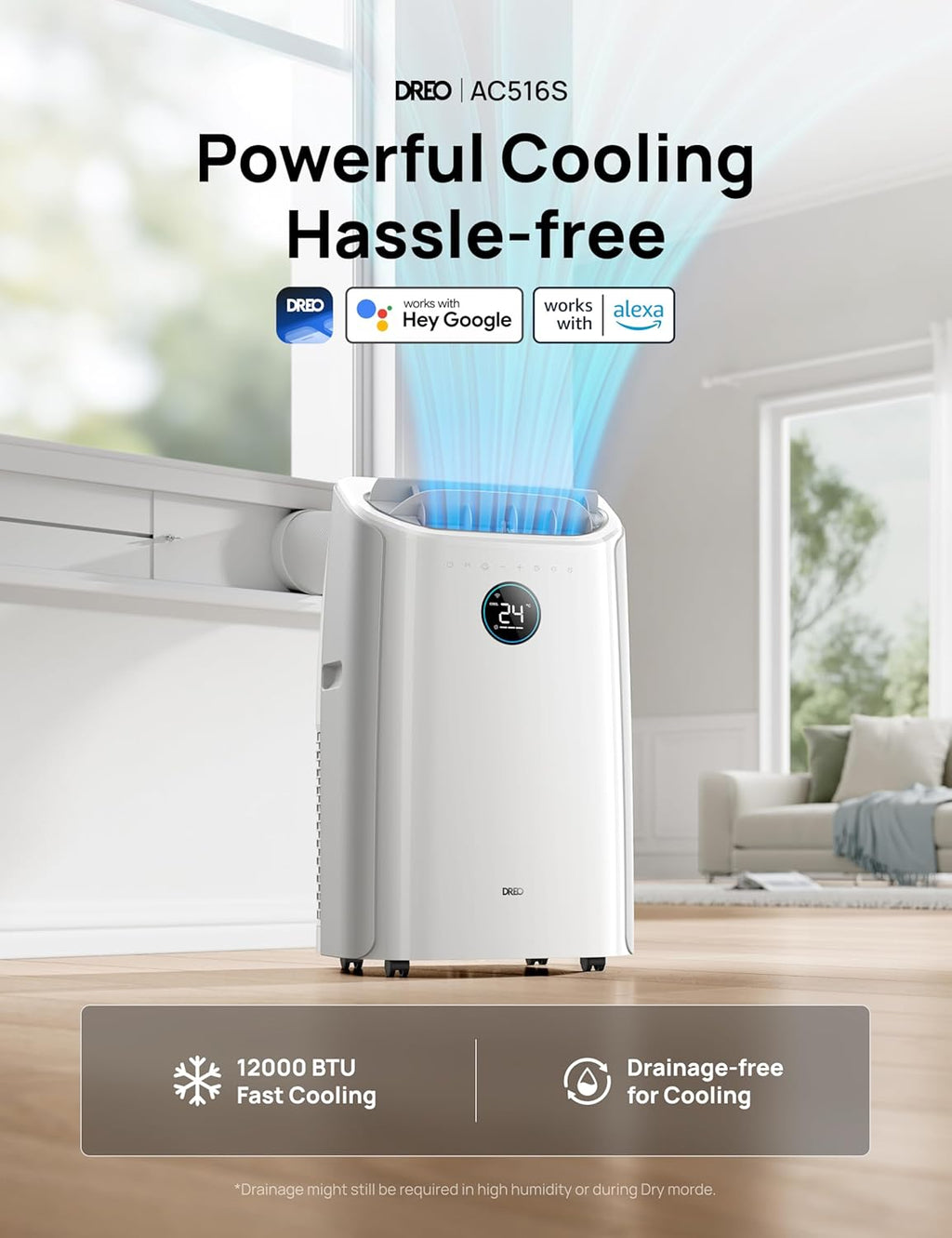 12,000 BTU Portable Air Conditioner with Smart App & Voice Control – 3-in-1 Cooling, Fan & Dehumidifier