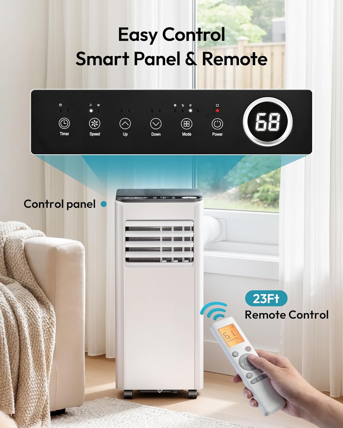 9,000 BTU 4-in-1 Portable Air Conditioner for 20m² – Cooling, Dehumidifier, Fan, Digital Display, Window Kit