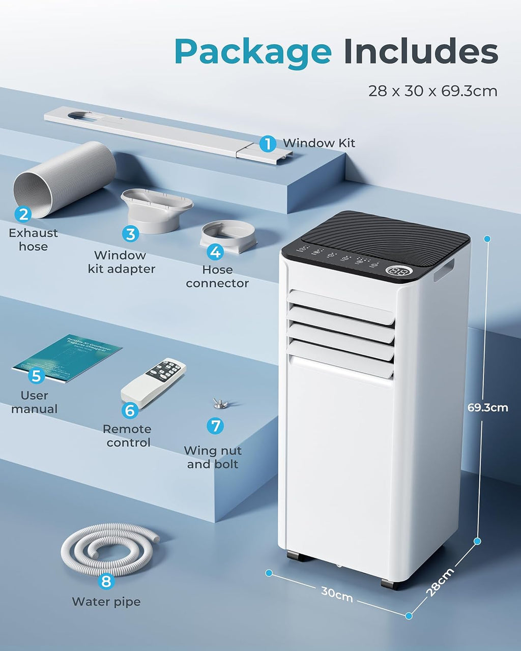 9,000 BTU 4-in-1 Portable Air Conditioner for 20m² – Cooling, Dehumidifier, Fan, Digital Display, Window Kit