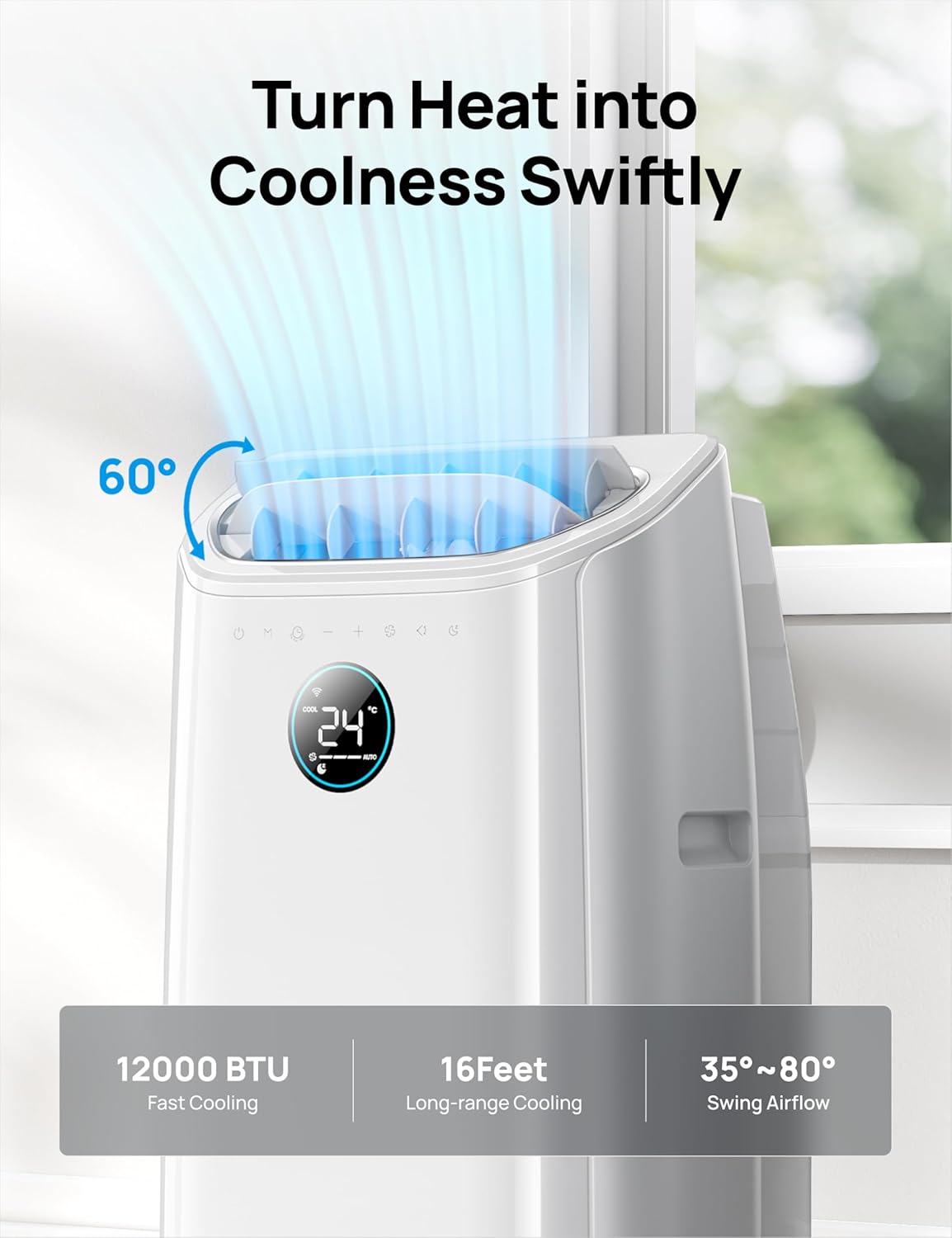 12,000 BTU Portable Air Conditioner with Smart App & Voice Control – 3-in-1 Cooling, Fan & Dehumidifier