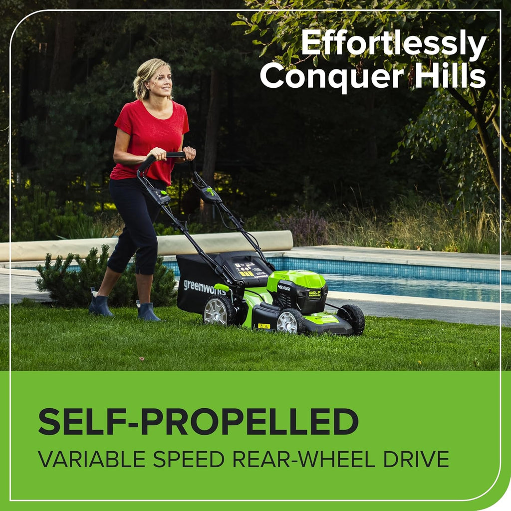 48V Cordless Self-Propelled Lawn Mower with 46cm Cutting Width, 55L Grass Bag, 2×4Ah Batteries
