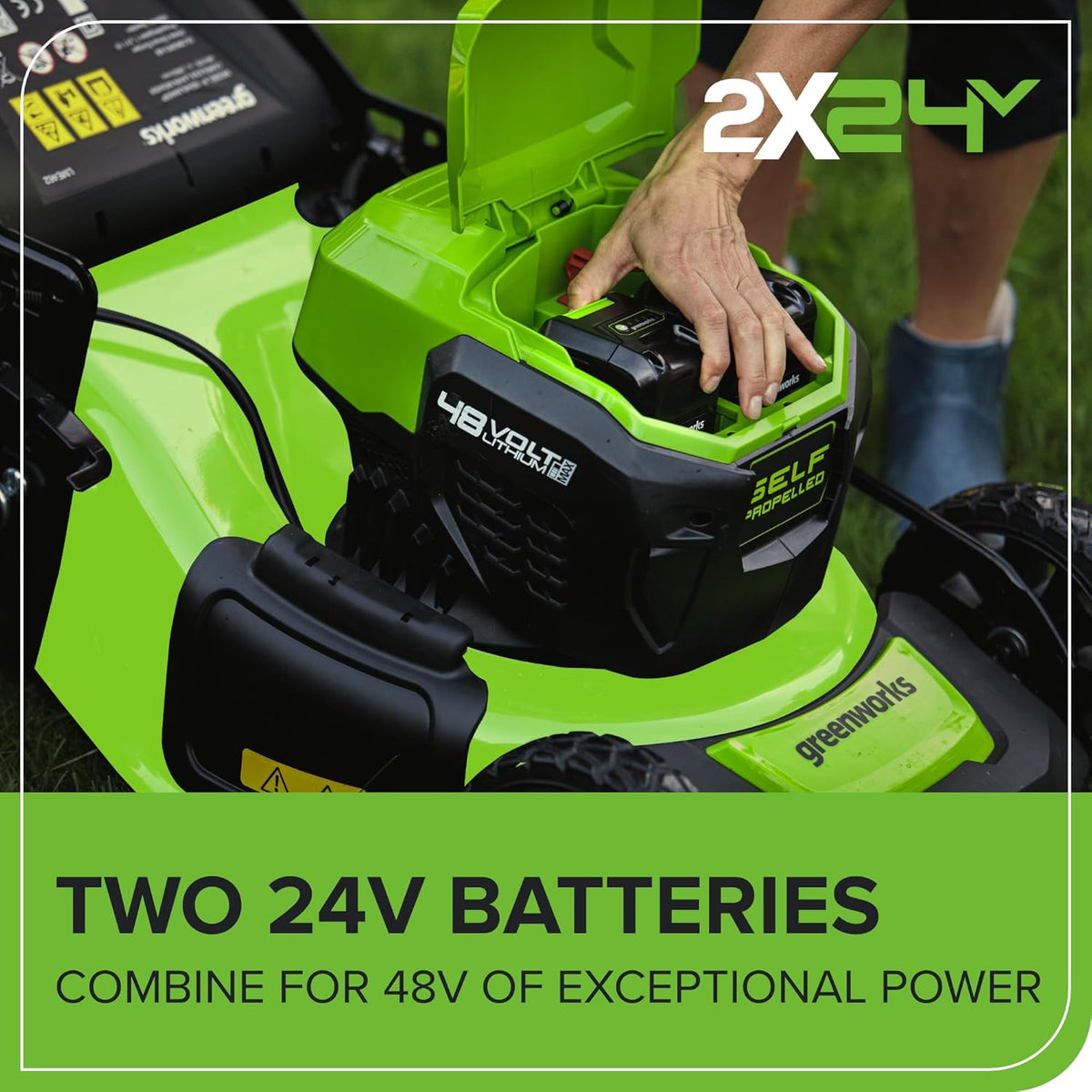 48V Cordless Self-Propelled Lawn Mower with 46cm Cutting Width, 55L Grass Bag, 2×4Ah Batteries