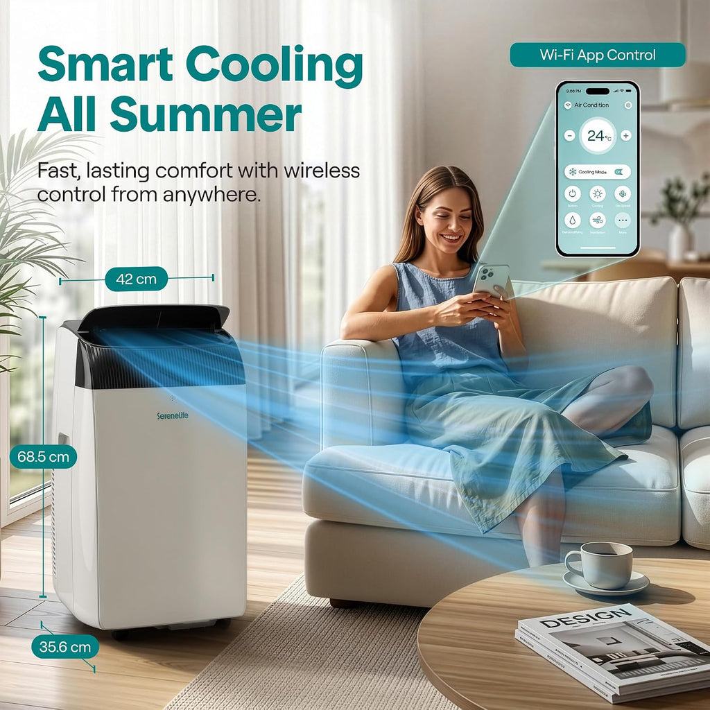 WiFi 12,000 BTU Portable Air Conditioner – Self-Evaporating, Cooling, Fan, Dehumidifier, Sleep