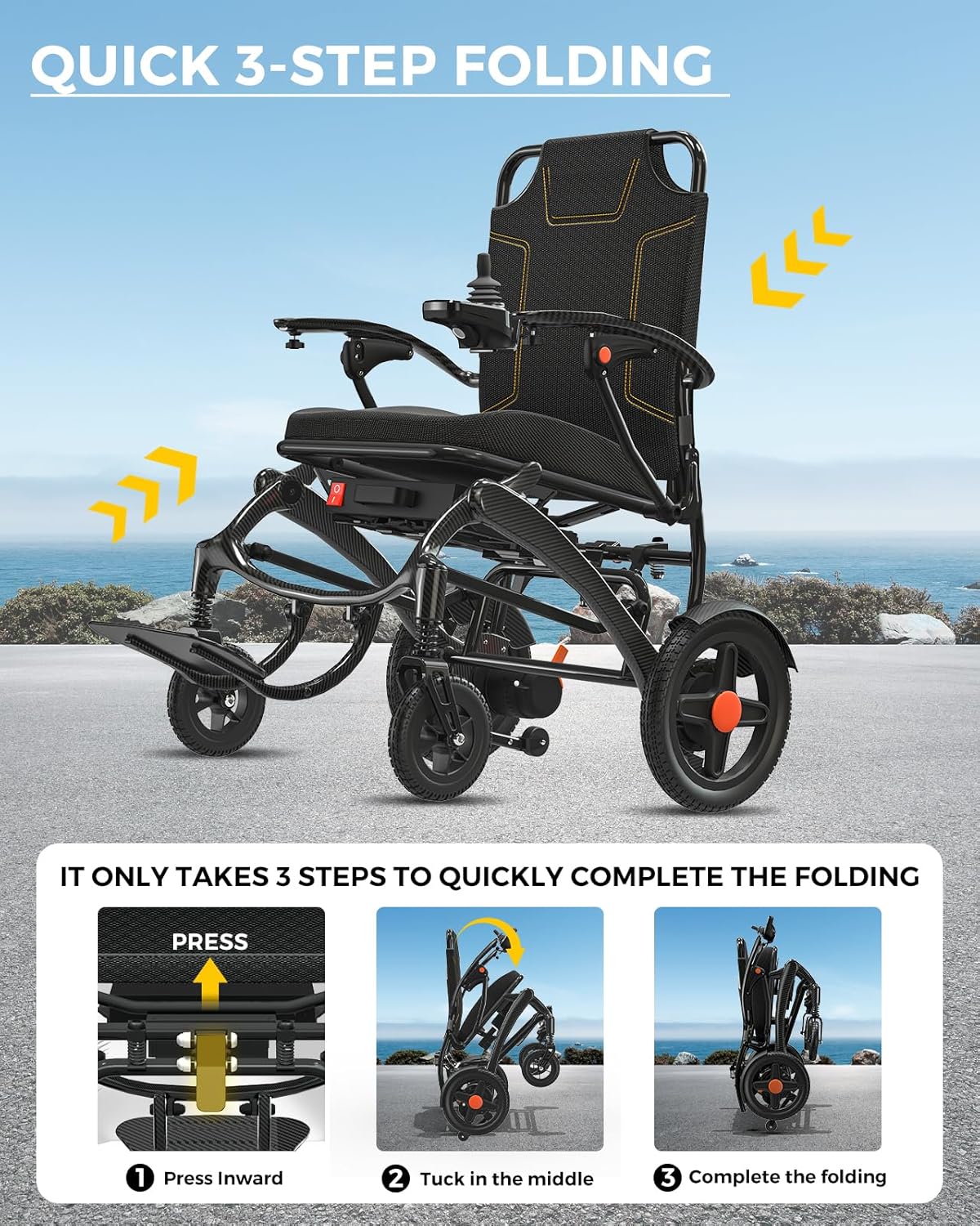 Ultra Lightweight Foldable Electric Wheelchair – 18+ Mile Range, Carbon Fibre & Aluminium Frame, Portable All-Terrain Power Chair