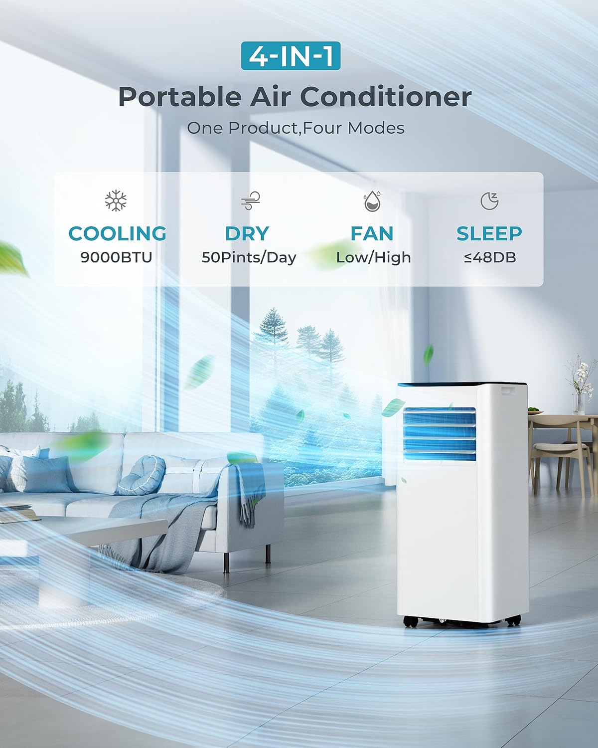 9,000 BTU 4-in-1 Portable Air Conditioner for 20m² – Cooling, Dehumidifier, Fan, Digital Display, Window Kit