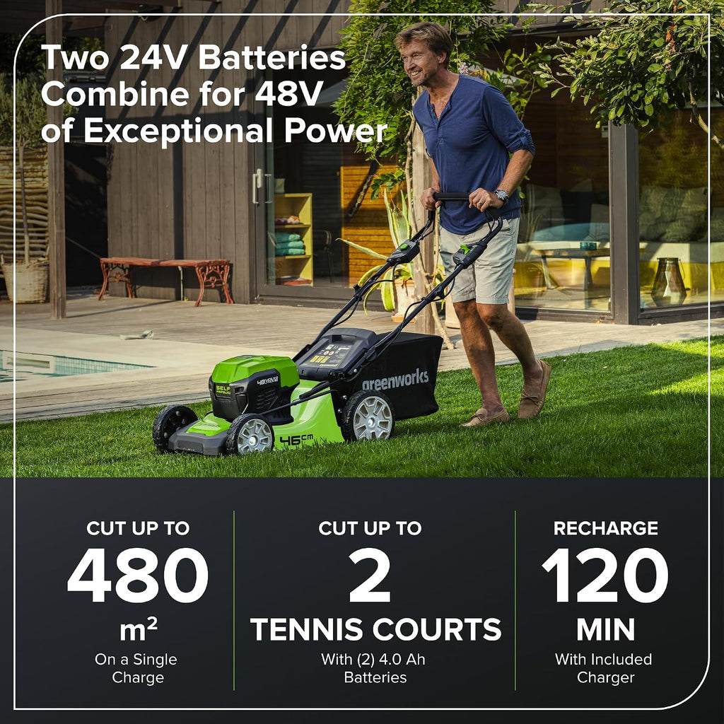 48V Cordless Self-Propelled Lawn Mower with 46cm Cutting Width, 55L Grass Bag, 2×4Ah Batteries