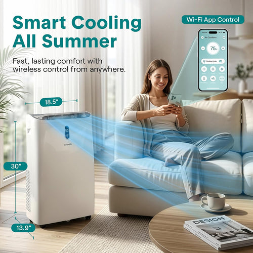 12,000 BTU WiFi Smart Portable Air Conditioner – Cooling, Fan & Dehumidifier, 24hr Timer, Remote, Window Kit
